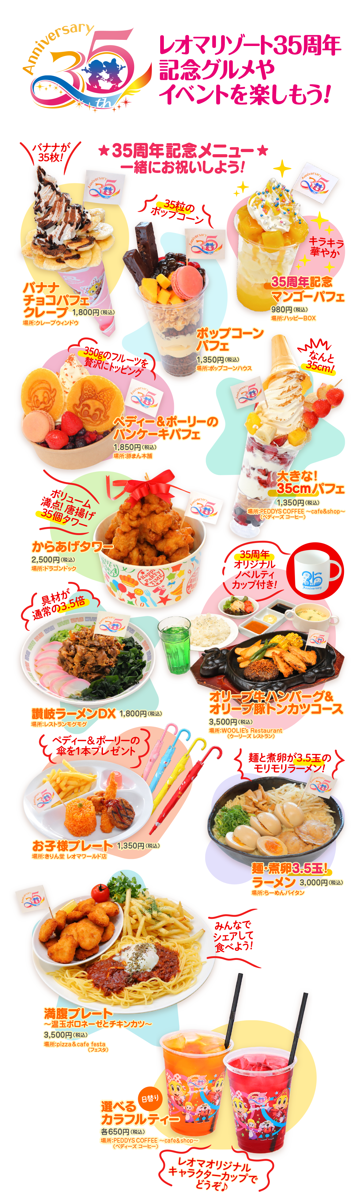  Anniversary バナナが 35枚! th レオマリゾート35周年 記念グルメや イベントを楽しもう! ★35周年記念メニュー★ 一緒にお祝いしよう! Anniversar ボ + Anniversary the バナナ チョコパフェ クレープ 1,800円(税込) 場所:クレープウィンドウ 350gのフルーツを 贅沢にトッピング Anniversar ポップコーン パフェ 1,350円(税込) 場所:ポップコーンハウス キラキラ 華やか + 35周年記念 マンゴーパフェ 980円(税込) 場所:ハッピーBOX なんと 35cm! ボリューム 満点! 唐揚げ 35個タワー からあげタワー 2,500円(税込) 場所:ドラゴンドック 具材が 通常の3.5倍 GUD ang Gia PG GVE Aniversar th ペディー&ボーリーの パンケーキハフェ 1,850円(税込) 場所:豚まん本舗 versary 30 פן (大きな! 35cmパフェ 1,350円(税込) 場所:PEDDYS COFFEE ~cafe&shop~ Hapy むご河 オリジナル ノベルティ 讃岐ラーメンDX 1,800円 (税務) 場所:レストランモグモグ ペディー&ポー カップ付き! Anniversary オリーブ牛ハンバーグ& オリーブ豚トンカツコース 3,500円(税込) PT:WOOLIE's Restaurant (ウーリーズレストラン) 麺と煮卵が3.5玉の モリモリラーメン! Anniversar お子様プレート 1,350円(税込) 場所きりん堂 レオマワールド店 麺・煮卵3.5玉! 満腹プレート 温玉ボロネーゼとチキンカツ~ 3,500円(税込) 場所:pizza&cafe festa (フェスタ) 選べる 日替り 逸品 カラフルティー 各650円(税込) 場所:PEDDYS COFFEE ~cafe&shop コーヒー みんなで シェアして 食べよう! レオマオリジナル キャラクターカップで どうぞ♪ ラーメン 3,000円(税込) 場所: らーめんパイタン