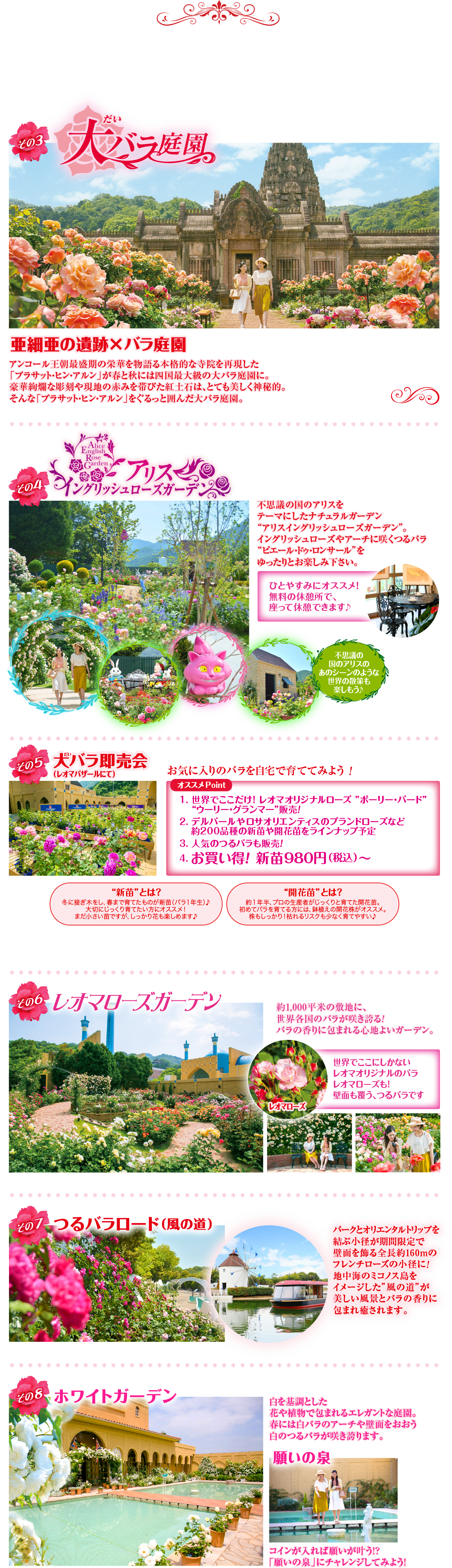 その3 だい 大バラ庭園 亜細亜の遺跡×バラ庭園 アンコール王朝最盛期の栄華を物語る本格的な寺院を再現した 「プラサット・ヒン・アルン」が春と秋には四国最大級の大バラ庭園に。 豪華絢爛な彫刻や現地の赤みを帯びた紅土石は、とても美しく神秘的。 そんな「ブラット・ヒン・アルン」をぐるっと囲んだ大バラ庭園。 ********************* ・その4、 Alice English Rose Gardene アリス イングリッシュローズガーデン *********************** 不思議の国のアリスを テーマにしたナチュラルガーデン “アリスイングリッシュローズガーデン”。 イングリッシュローズやアーチに咲くつるバラ “ピエール・ドゥ・ロンサール”を ゆったりとお楽しみ下さい。 ひとやすみにオススメ! 無料の休憩所で、 座って休憩できます♪ ***************************** 不思議の 国のアリスの あのシーンのような 世界の散策も 楽しもう♪ ****** その5 大バラ即売会 (レオマバザールにて) お気に入りのバラを自宅で育ててみよう! ******** “新苗”とは? オススメ Point 1. 世界でここだけ! レオマオリジナルローズ ”ポーリー・バード” “ウーリー・グランマー”販売! 2. デルバールやロサオリエンティスのブランドローズなど 約200品種の新苗や開花苗をラインナップ予定 3. 人気のつるバラも販売! 4. お買い得! 新苗 980円 (税込) ~ 冬に接ぎ木をし、春まで育てたものが新苗 (バラ1年生)♪ 大切にじっくり育てたい方にオススメ! まだ小さい苗ですが、しっかり花も楽しめます♪ “開花苗”とは? 約1年半、 プロの生産者がじっくりと育てた開花苗。 初めてバラを育てる方には、鉢植えの開花株がオススメ。 株もしっかり!枯れるリスクも少なく育てやすい♪ ********************************* その6 レオマローズガーデン ****** 約1,000平米の敷地に、 世界各国のバラが咲き誇る! バラの香りに包まれる心地よいガーデン。 レオマローズ 世界でここにしかない レオマオリジナルのバラ レオマローズも! 壁面も覆う、つるバラです *********************************************** その7つるバラロード (風の道) ************ ****** その8 ホワイトガーデン 白を基調とした パークとオリエンタルトリップを 結ぶ小径が期間限定で 壁面を飾る全長約160mの フレンチローズの小径に! 地中海のミコノス島を イメージした”風の道”が 美しい風景とバラの香りに 包まれ癒されます。 花や植物で包まれるエレガントな庭園。 春には白バラのアーチや壁面をおおう 自のつるバラが咲き誇ります。 「願いの泉 コインが入れば願いが叶う!! 「願いの泉」にチャレンジしてみよう! ** 