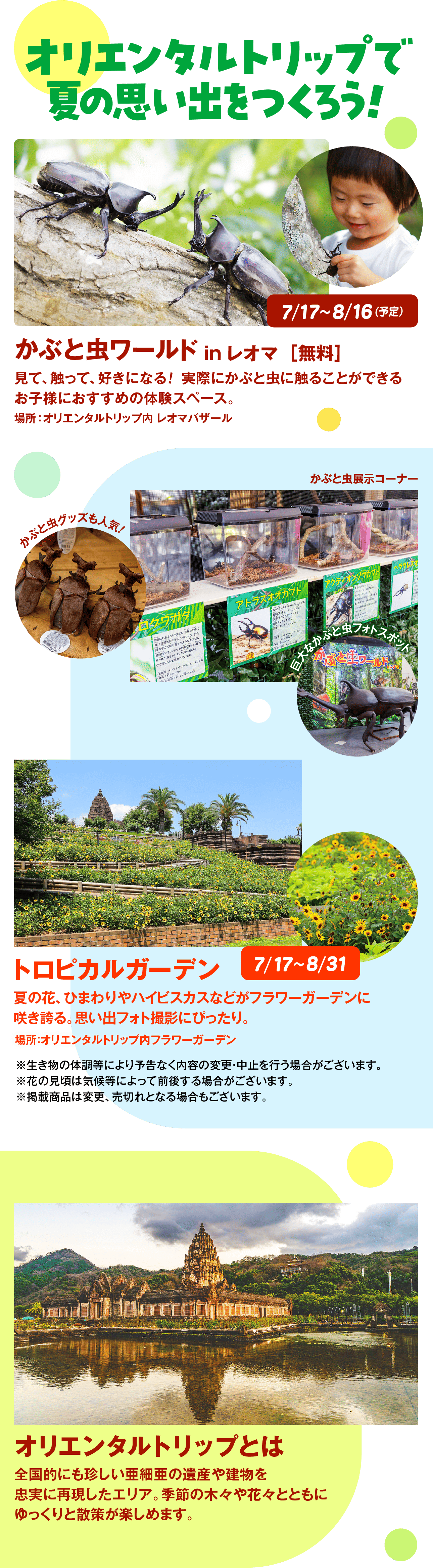オリエンタルトリップで夏の思い出をつくろう!7/17~8/16 (2)かぶと虫ワールド in レオマ [無料]見て、触って、好きになる! 実際にかぶと虫に触ることができる お子様におすすめの体験スペース。場所:オリエンタルトリップ内 レオマバザールやぶと虫グッズも人かぶと虫展示コーナーアトラスオオカブト名前にもあるニジイロは、全身の色にアクティオンゾウカフト金属光沢から名づけられています。 頭が小さくり返ったようなアゴも です。 ツヤツヤとく美しいが一番のポイントで、世界一美しい クワガタムシと言われています。・生地:オーストラリアやニューギニア18:13cm-7cmカブトムシです。名前の由来は、ギリシャ神話に する巨人アトラスです。ソウカブトとしては世界トムです。東南アジアを中心に しているカブトムシ。です。1ヶ月~2ヶ月トロピカルガーデンインドネシア、フィリピン巨大と虫フォトスポット7/17~8/31夏の花、ひまわりやハイビスカスなどがフラワーガーデンに咲き誇る。 思い出フォト撮影にぴったり。場所:オリエンタルトリップ内フラワーガーデン調等により予告なく内容の変更・中止を行う場合がございます。候等によって前後する場合がございます。売切れとなる場合もございます。オリエンタルトリップとは全国的にも珍しい亜細亜の遺産や建物を忠実に再現したエリア。 季節の木々や花々とともにゆっくりと散策が楽しめます。